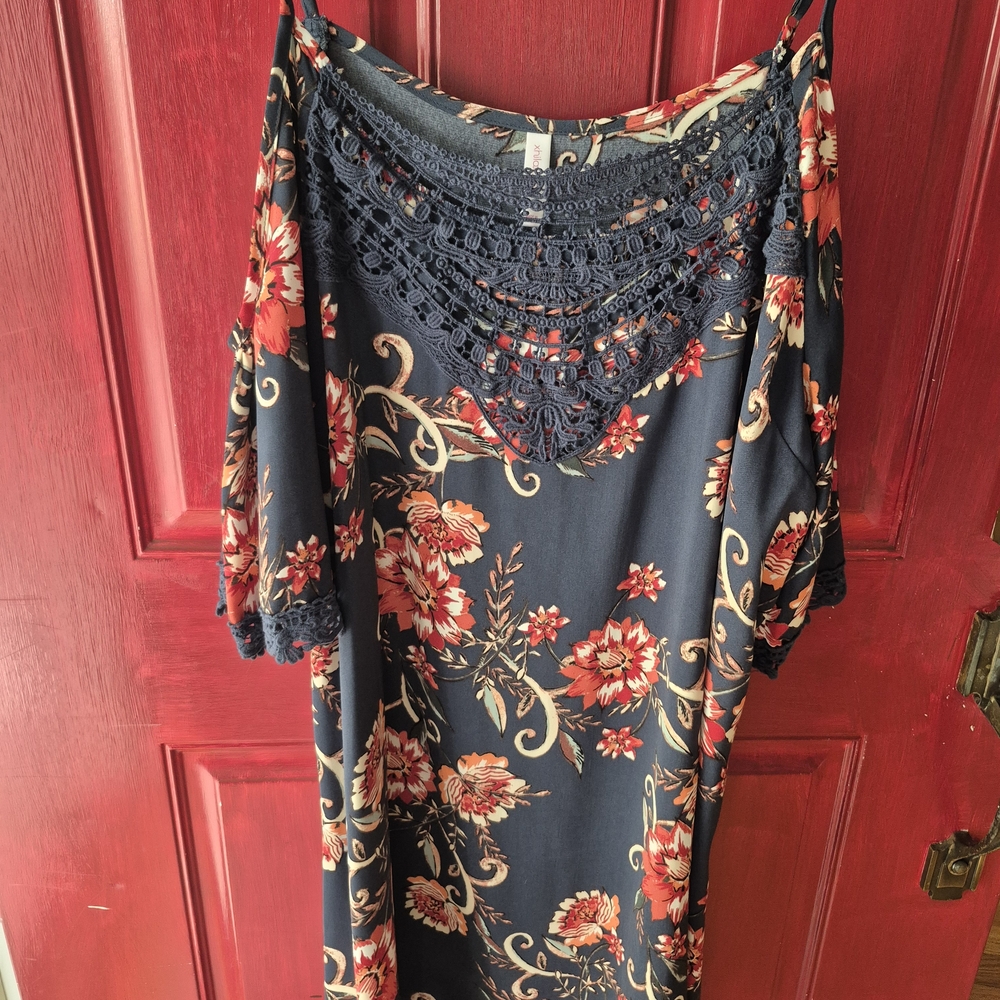 Xhilaration Navy Floral Midi Dress with Red and Cream Accents
